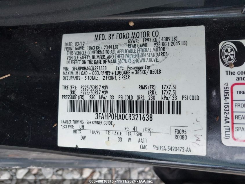 2012 Ford Fusion Se VIN: 3FAHP0HA0CR321638 Lot: 40836375