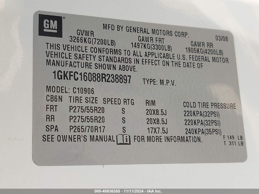 2008 GMC Yukon Xl 1500 Slt VIN: 1GKFC16088R238897 Lot: 40836385