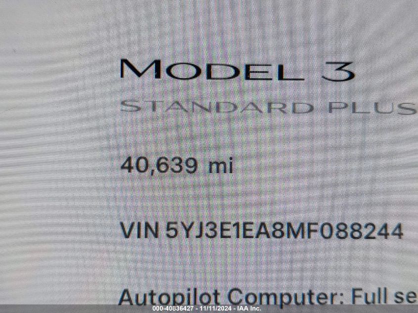 2021 Tesla Model 3 Standard Range Plus Rear-Wheel Drive VIN: 5YJ3E1EA8MF088244 Lot: 40836427