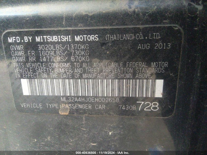 2014 Mitsubishi Mirage Es VIN: ML32A4HJ0EH002658 Lot: 40836505