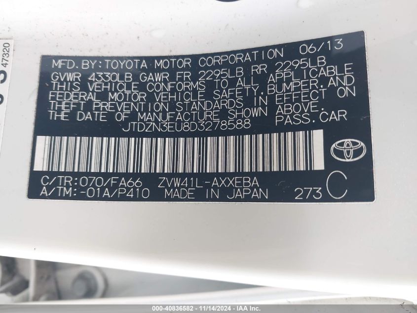 2013 Toyota Prius V Three VIN: JTDZN3EU8D3278588 Lot: 40836582