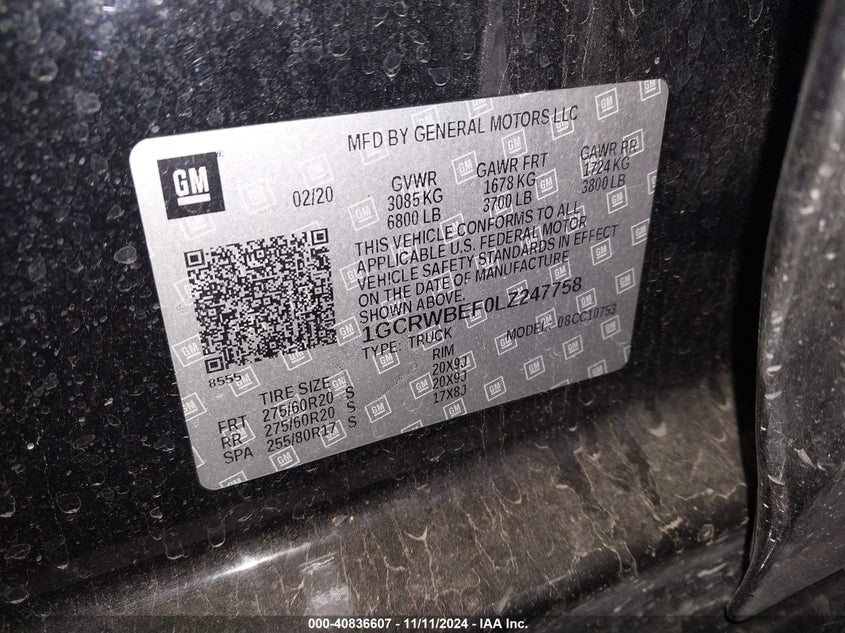 2020 CHEVROLET SILVERADO 1500 VIN: 1GCRWBEF0LZ247758