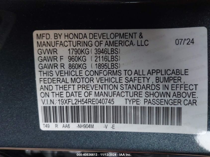 2024 Honda Civic Lx VIN: 19XFL2H54RE040745 Lot: 40836613