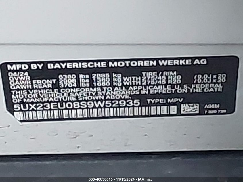 2025 BMW X5 xDrive40I VIN: 5UX23EU08S9W52935 Lot: 40836615