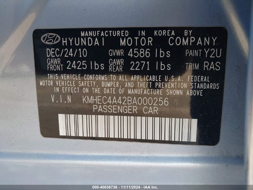 2011 Hyundai Sonata Hybrid Hybrid VIN: KMHEC4A42BA000256 Lot: 40836736