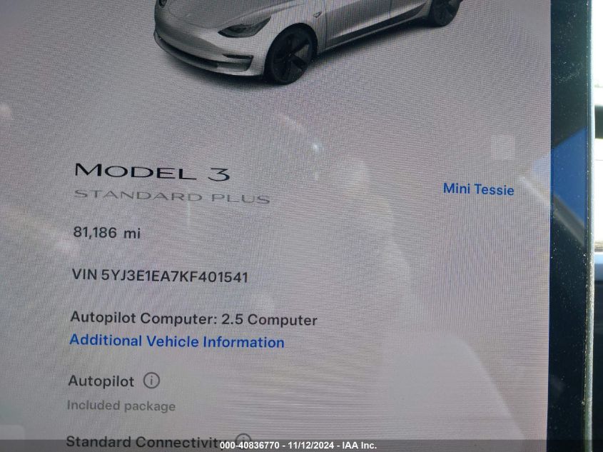 2019 Tesla Model 3 Long Range/Mid Range/Standard Range/Standard Range Plus VIN: 5YJ3E1EA7KF401541 Lot: 40836770