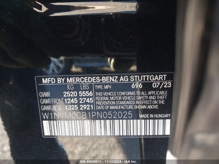 2023 Mercedes-Benz Eqb 250 Suv VIN: W1N9M0CB1PN052025 Lot: 40836811