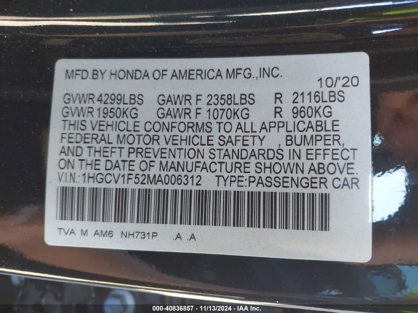 2021 Honda Accord Ex-L VIN: 1HGCV1F52MA006312 Lot: 40836857