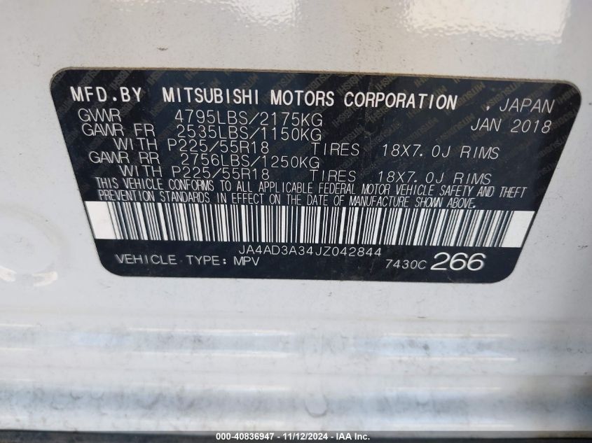 2018 Mitsubishi Outlander Se VIN: JA4AD3A34JZ042844 Lot: 40836947