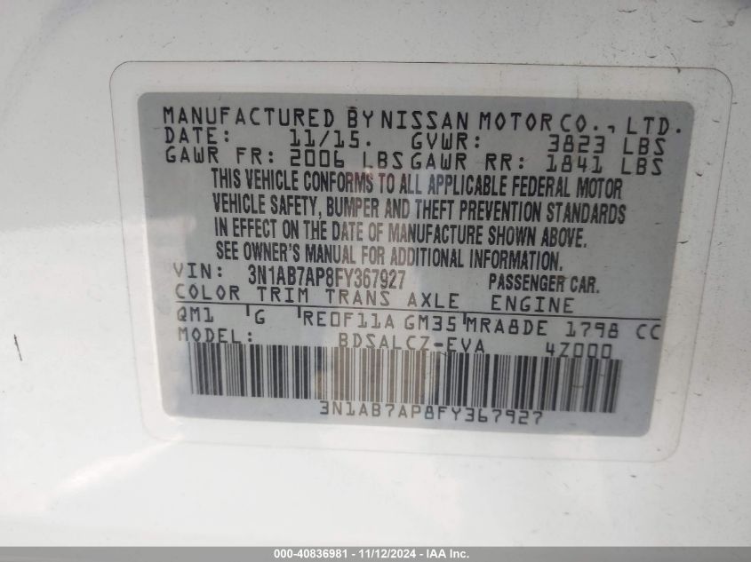 2015 Nissan Sentra S VIN: 3N1AB7AP8FY367927 Lot: 40836981