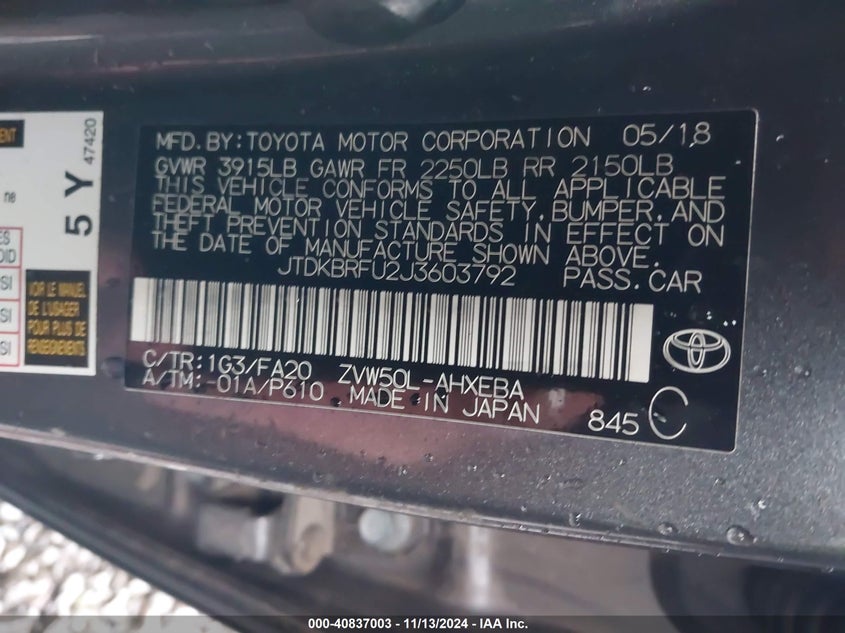 2018 TOYOTA PRIUS VIN: JTDKBRFU2J3603792