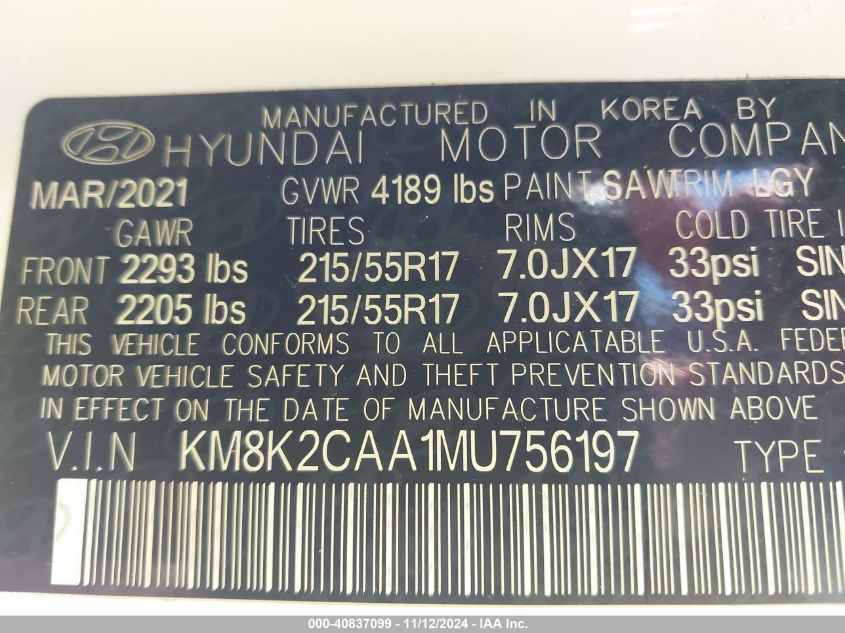 2021 HYUNDAI KONA VIN: KM8K2CAA1MU756197