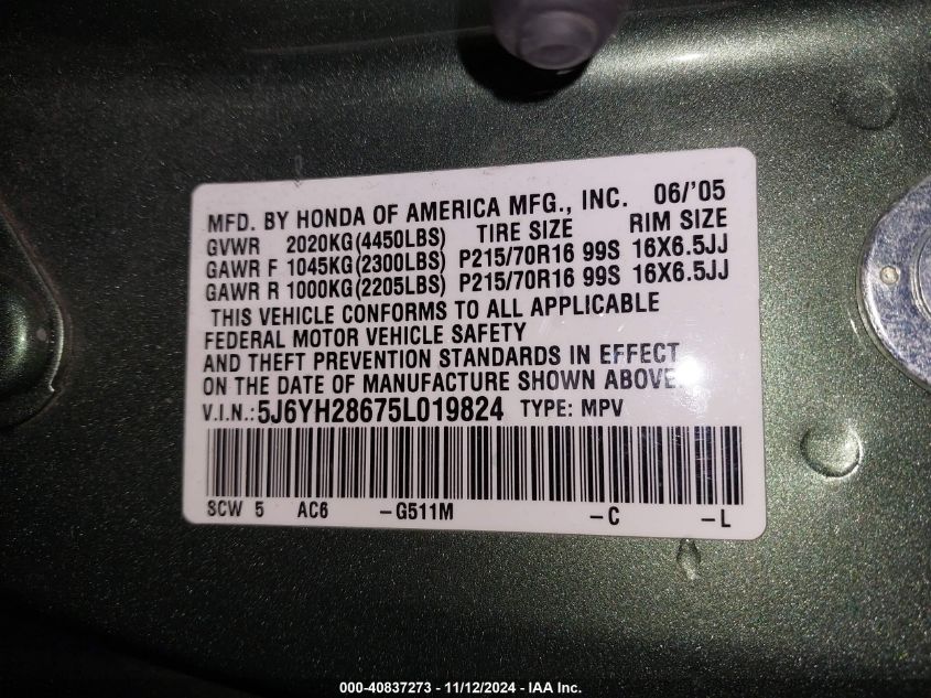 2005 Honda Element Ex VIN: 5J6YH28675L019824 Lot: 40837273