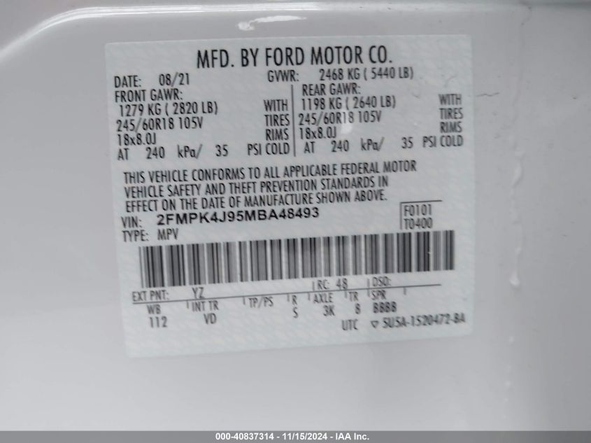 2021 Ford Edge Sel VIN: 2FMPK4J95MBA48493 Lot: 40837314