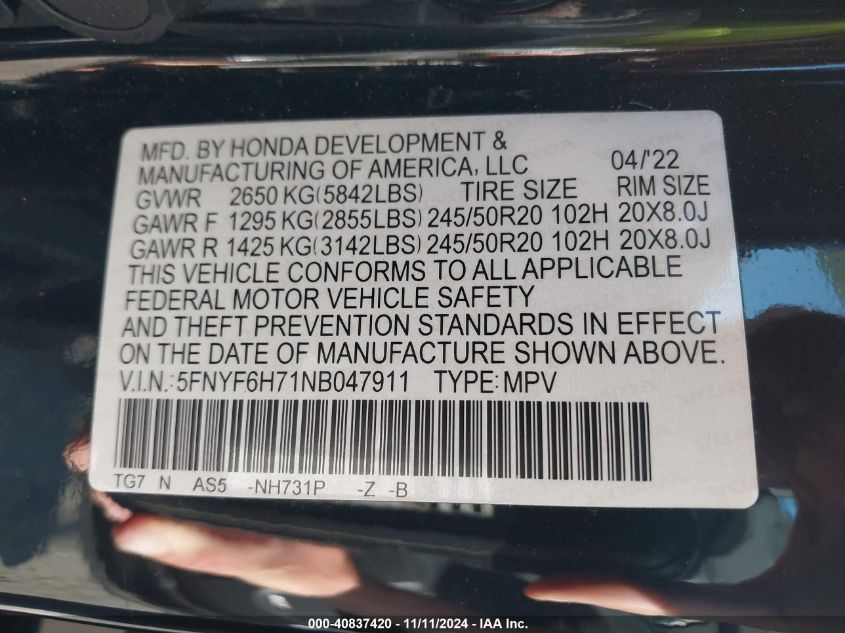 2022 Honda Pilot Awd Black Edition VIN: 5FNYF6H71NB047911 Lot: 40837420