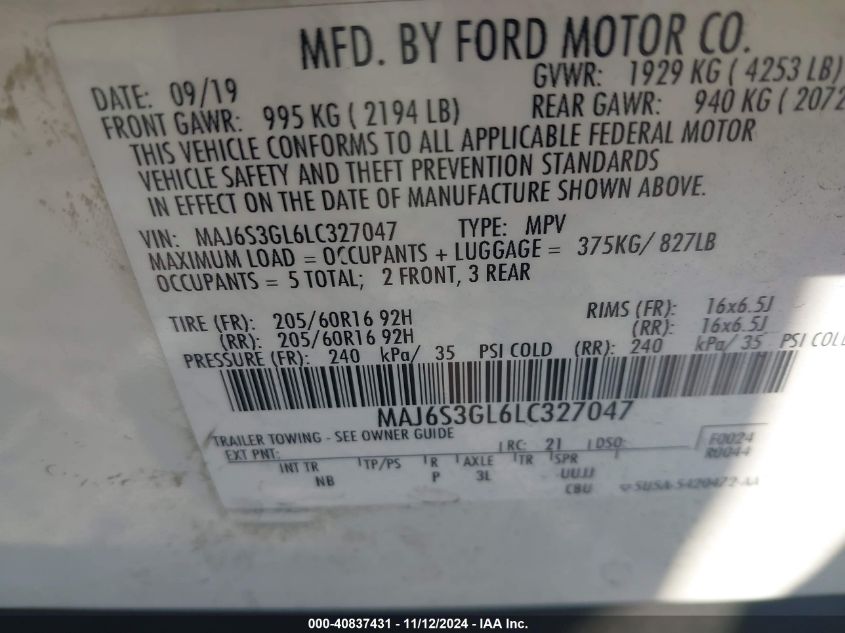 2020 Ford Ecosport Se VIN: MAJ6S3GL6LC327047 Lot: 40837431