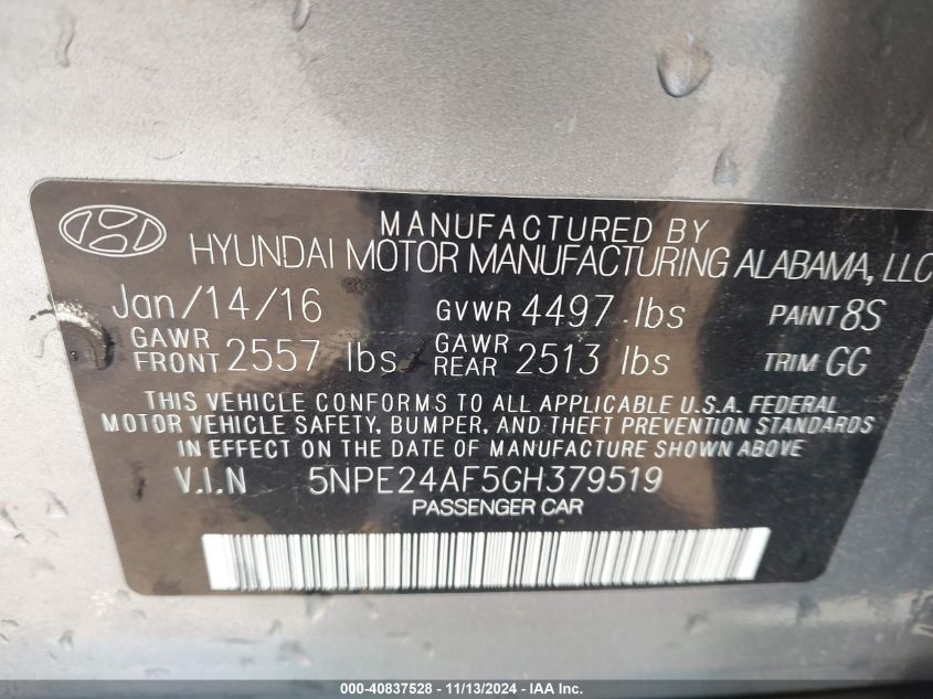 2016 HYUNDAI SONATA SE - 5NPE24AF5GH379519