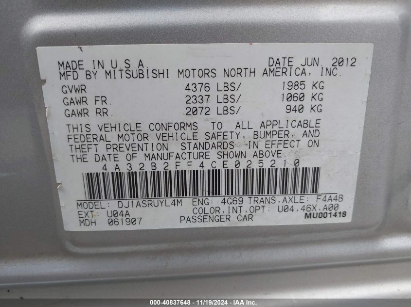 2012 Mitsubishi Galant Fe VIN: 4A32B2FF4CE025210 Lot: 40837648