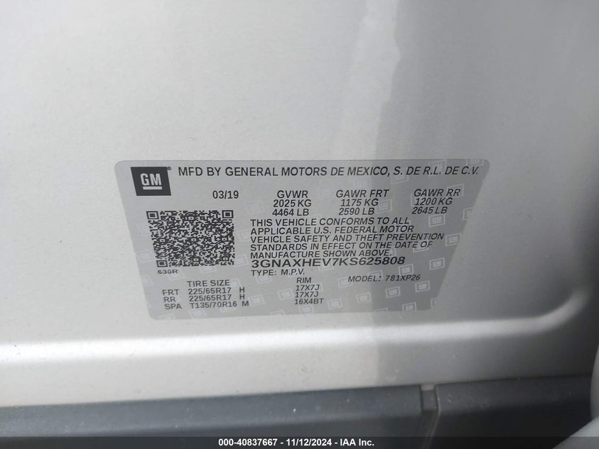 2019 CHEVROLET EQUINOX VIN: 3GNAXHEV7KS625808