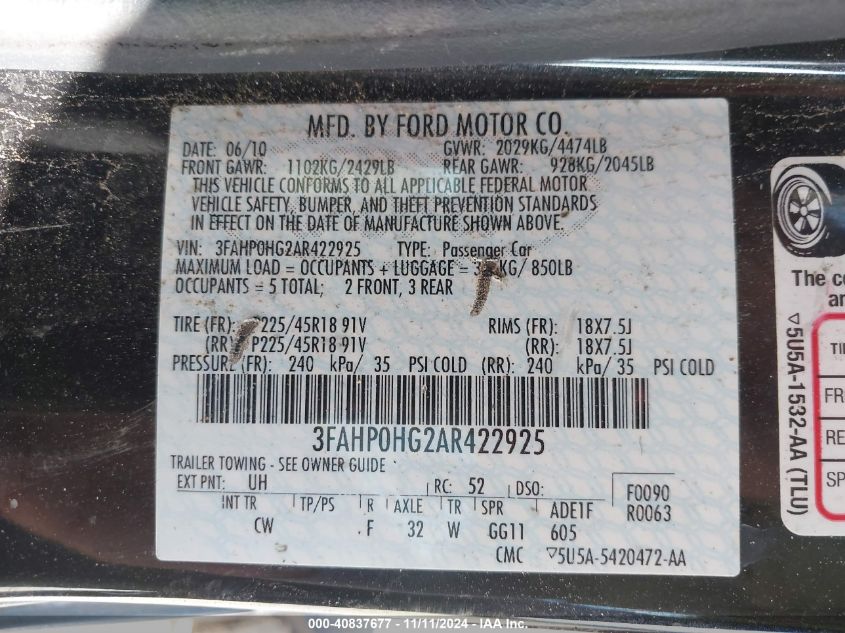 2010 Ford Fusion Se VIN: 3FAHP0HG2AR422925 Lot: 40837677