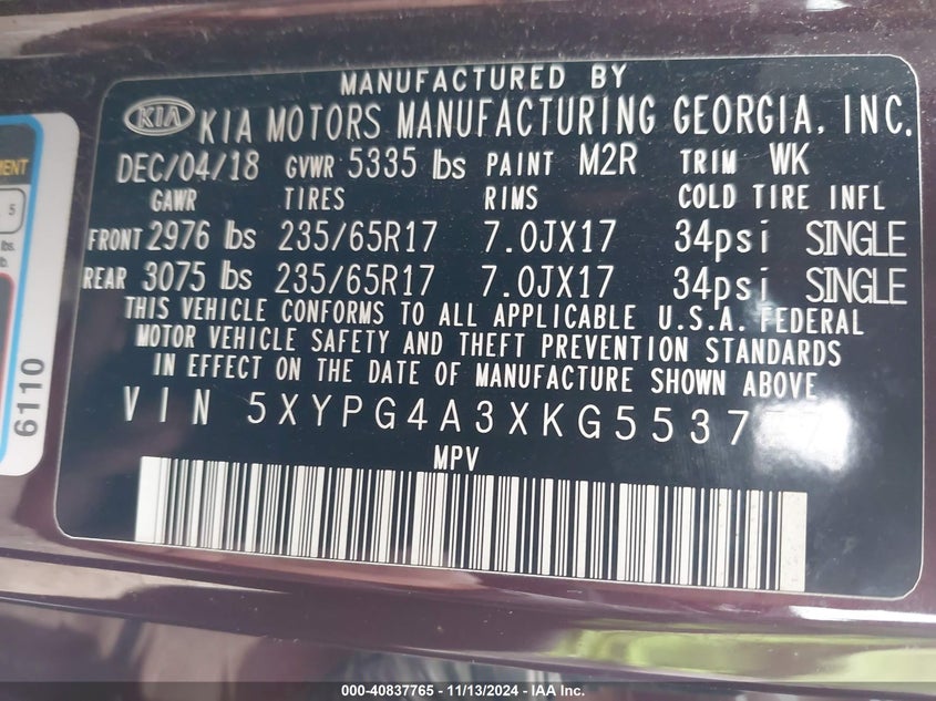 2019 KIA SORENTO VIN: 5XYPG4A3XKG553777