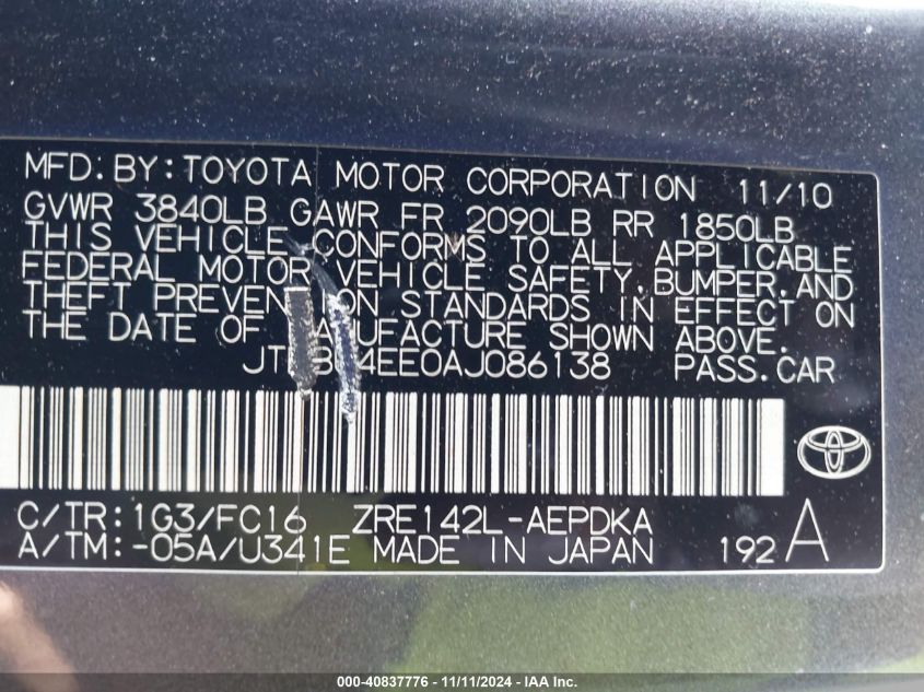 2010 Toyota Corolla Le VIN: JTDBU4EE0AJ086138 Lot: 40837776