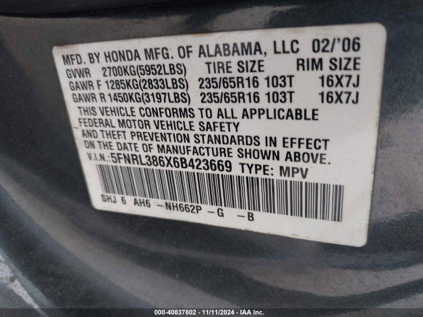 2006 Honda Odyssey Ex-L VIN: 5FNRL386X6B423669 Lot: 40837802