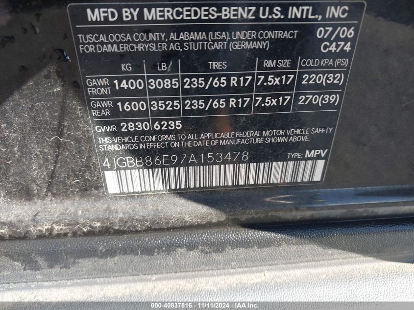 2007 Mercedes-Benz Ml 350 4Matic VIN: 4JGBB86E97A153478 Lot: 40837816