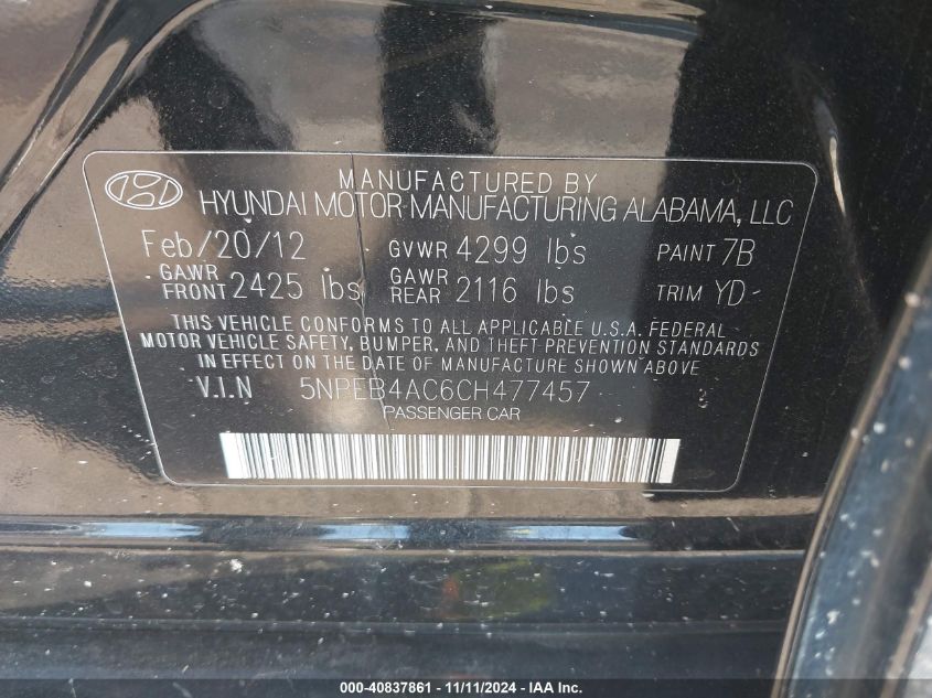 2012 Hyundai Sonata Gls VIN: 5NPEB4AC6CH477457 Lot: 40837861