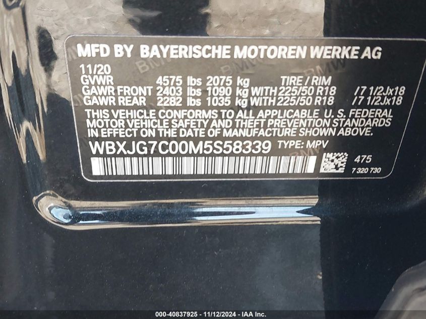 2021 BMW X1 Sdrive28I VIN: WBXJG7C00M5S58339 Lot: 40837925