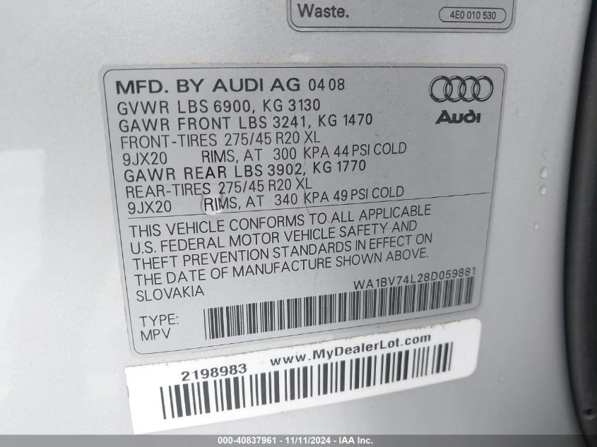 2008 Audi Q7 4.2 Premium VIN: WA1BV74L28D059881 Lot: 40837961