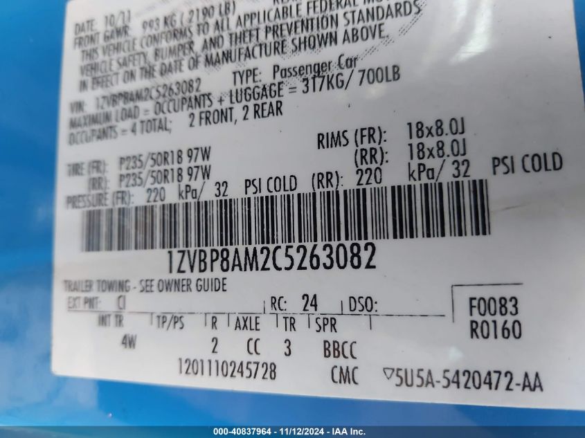 2012 Ford Mustang V6 Premium VIN: 1ZVBP8AM2C5263082 Lot: 40837964