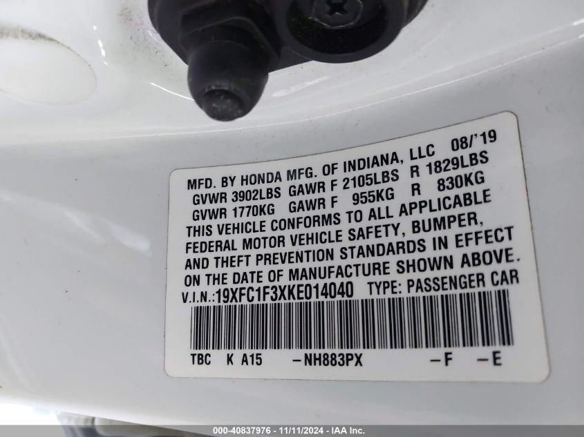 2019 Honda Civic Ex VIN: 19XFC1F3XKE014040 Lot: 40837976