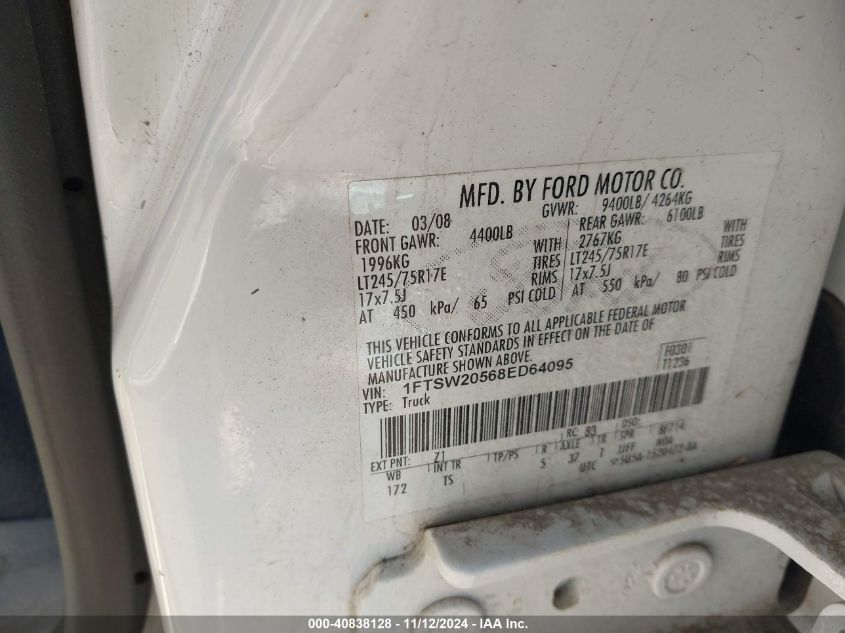 2008 Ford F-250 King Ranch/Lariat/Xl/Xlt VIN: 1FTSW20568ED64095 Lot: 40838128