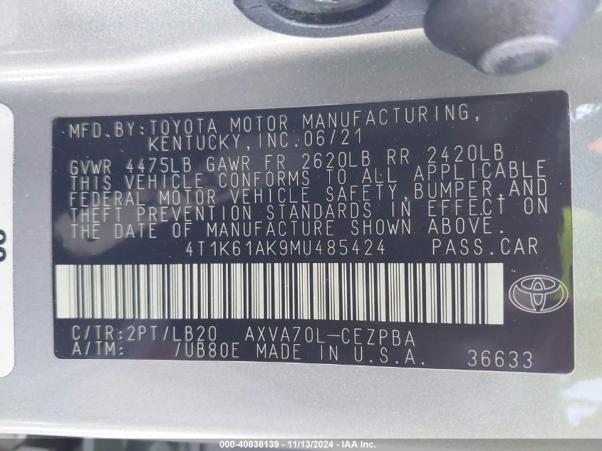 2021 Toyota Camry Xse VIN: 4T1K61AK9MU485424 Lot: 40838139