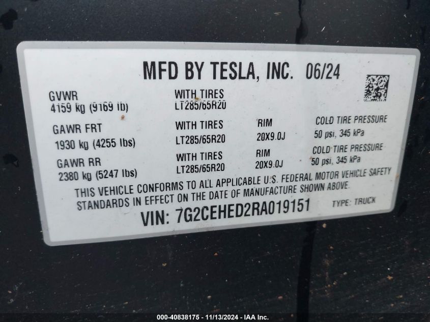 2024 Tesla Cybertruck All-Wheel Drive VIN: 7G2CEHED2RA019151 Lot: 40838175