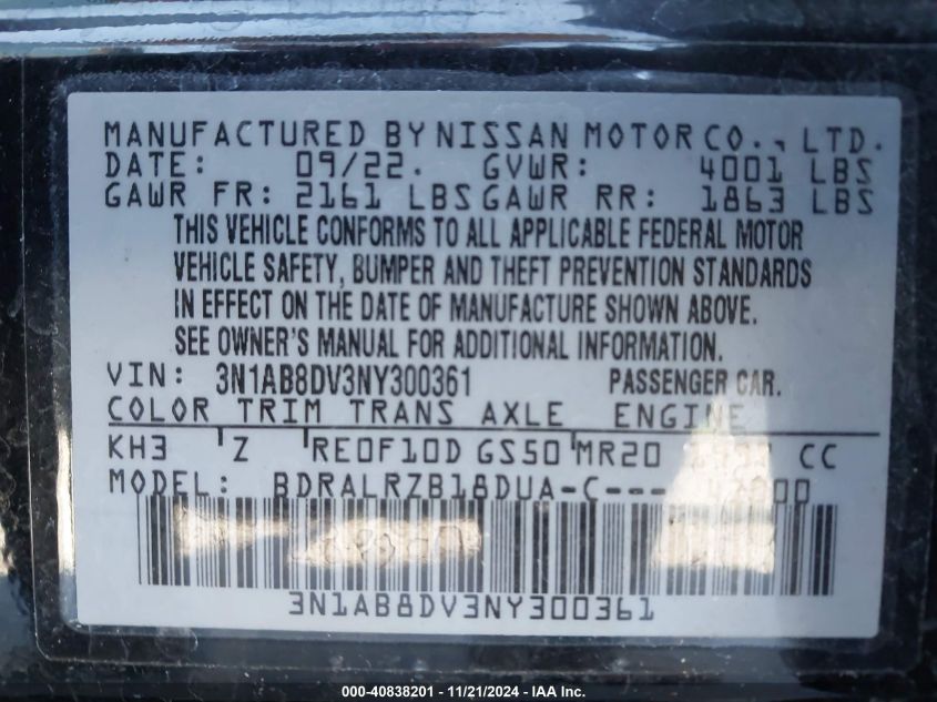 2022 Nissan Sentra Sr Xtronic Cvt VIN: 3N1AB8DV3NY300361 Lot: 40838201