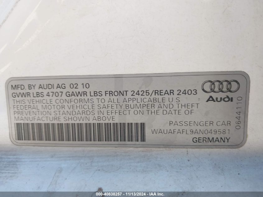 2010 Audi A4 Premium VIN: WAUAFAFL9AN049581 Lot: 40838257