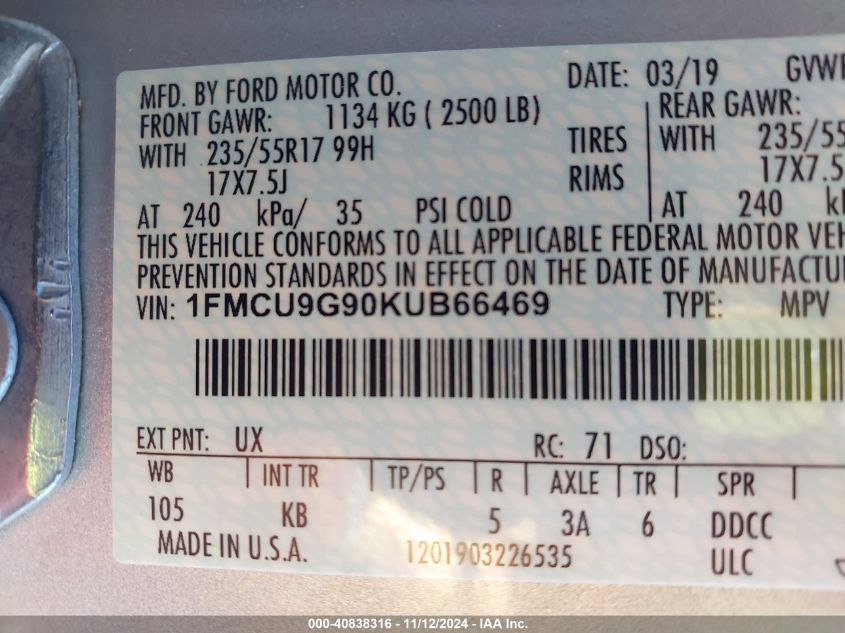 2019 FORD ESCAPE SE - 1FMCU9G90KUB66469