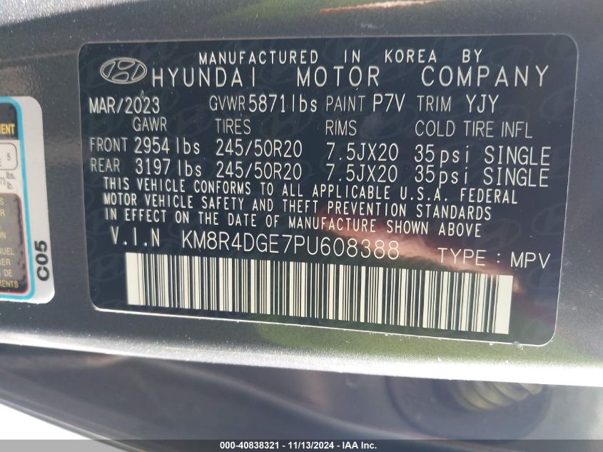 2023 Hyundai Palisade Sel VIN: KM8R4DGE7PU608388 Lot: 40838321