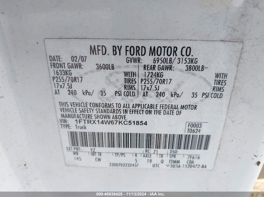 2007 FORD F-150 VIN: 1FTRX14W67KC51854