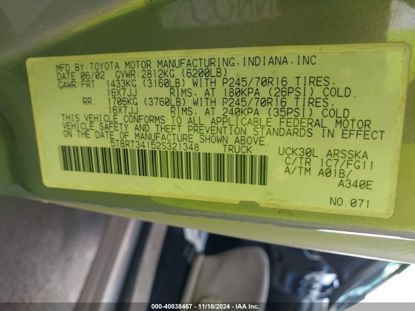 2002 Toyota Tundra Access Cab/Access Cab Sr5 VIN: 5TBRT34152S321348 Lot: 40838467