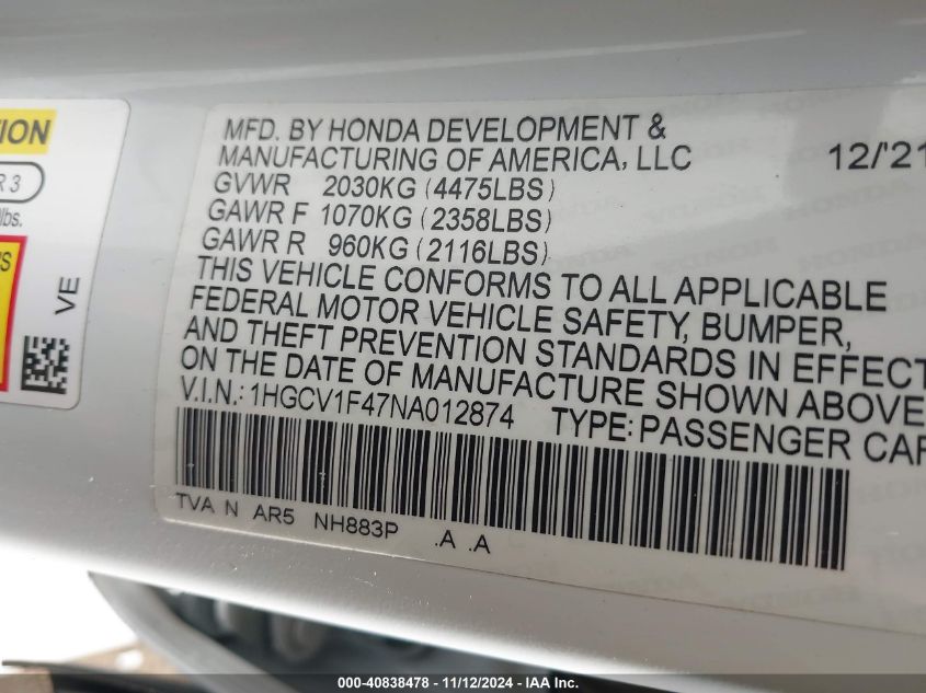 2022 Honda Accord Sport Special Edition VIN: 1HGCV1F47NA012874 Lot: 40838478