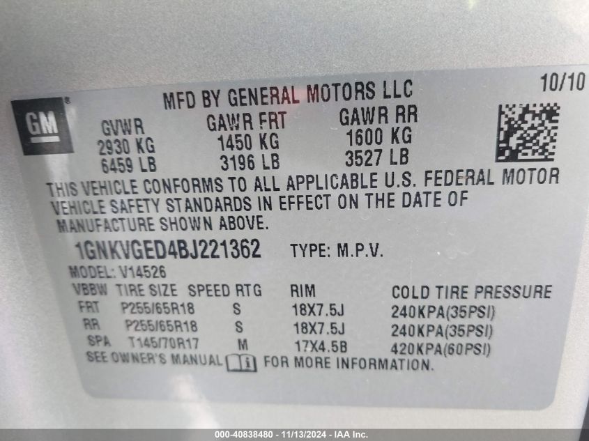 2011 CHEVROLET TRAVERSE VIN: 1GNKVGED4BJ221362