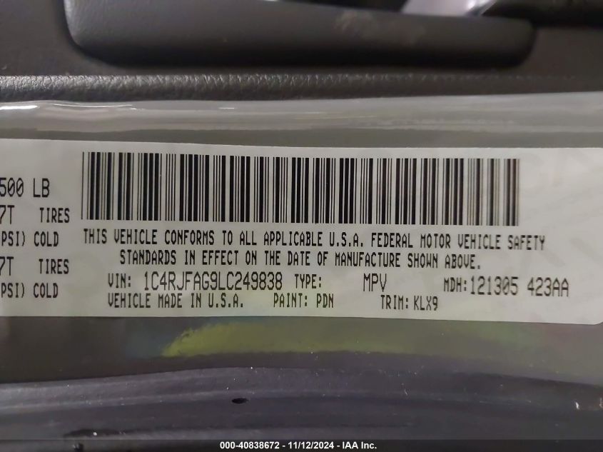 2020 Jeep Grand Cherokee Altitude 4X4 VIN: 1C4RJFAG9LC249838 Lot: 40838672