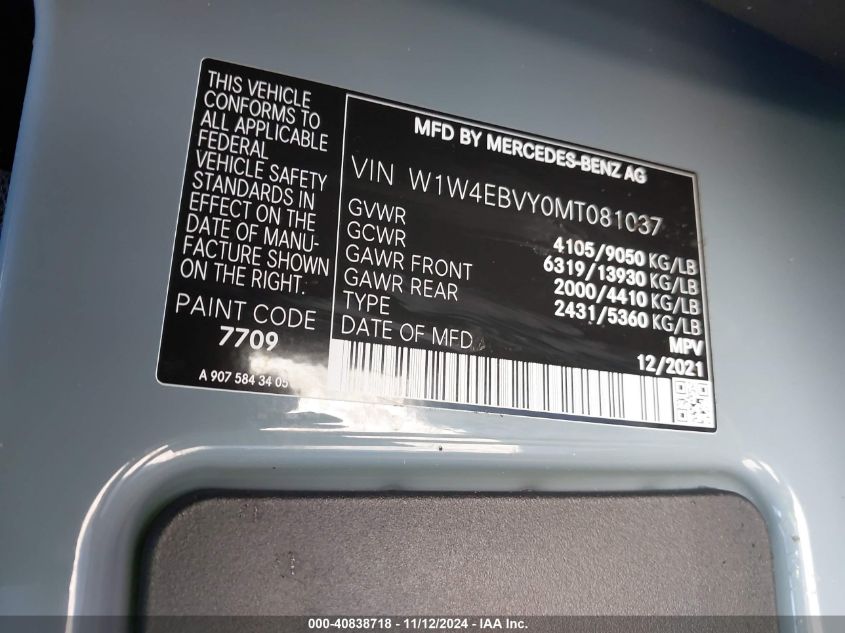 2021 Mercedes-Benz Sprinter 2500 Standard Roof V6 VIN: W1W4EBVY0MT081037 Lot: 40838718