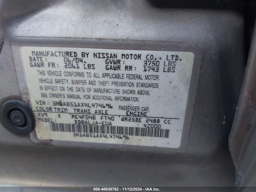 2004 Nissan Sentra 2.5S VIN: 3N1AB51AX4L474696 Lot: 40838762