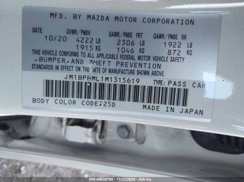 2021 Mazda Mazda3 Premium VIN: JM1BPBML1M1315619 Lot: 40838768