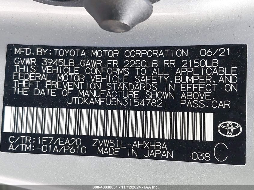 2022 Toyota Prius Xle VIN: JTDKAMFU5N3154782 Lot: 40838831