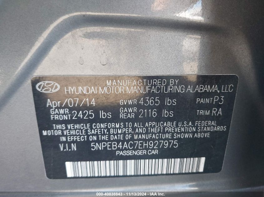 VIN 5NPEB4AC7EH927975 2014 Hyundai Sonata, Gls no.9